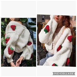 CYGE RED STRAWBERRY APPLIQUÉ CROCHET BUTTON DOWN OVERSIZED CROPPED CARDIGAN
